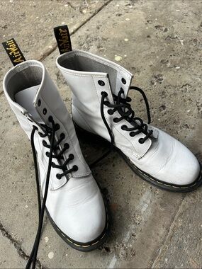 Dr. Martens White Leather Lace-Up Boots with Black Laces